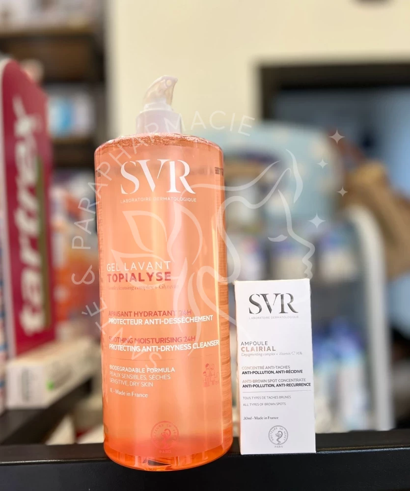 SVR COFFRET CLAIRIAL AMPOULE CONCENTRE ANTI TACHES 30ML + SVR TOPIALYSE GEL LAVENT 1L