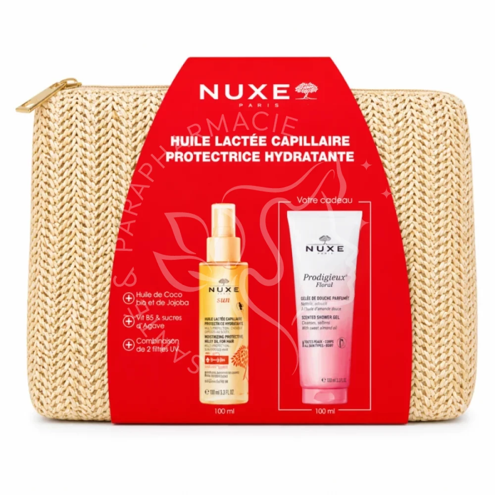 NUXE HUILE LACTEE CAPILLAIRE PROTECTRICE HYDRATANTE+GELLEE DE DOUCHE 100ML (OFFERT)+TROUSSE (OFFERT)