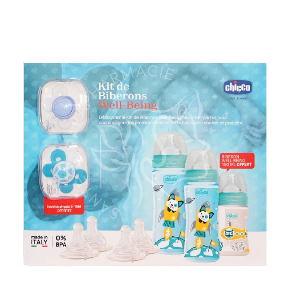CHICCO COFFRET BIBERON WELL BEIG BLEU 7 ARTICLES