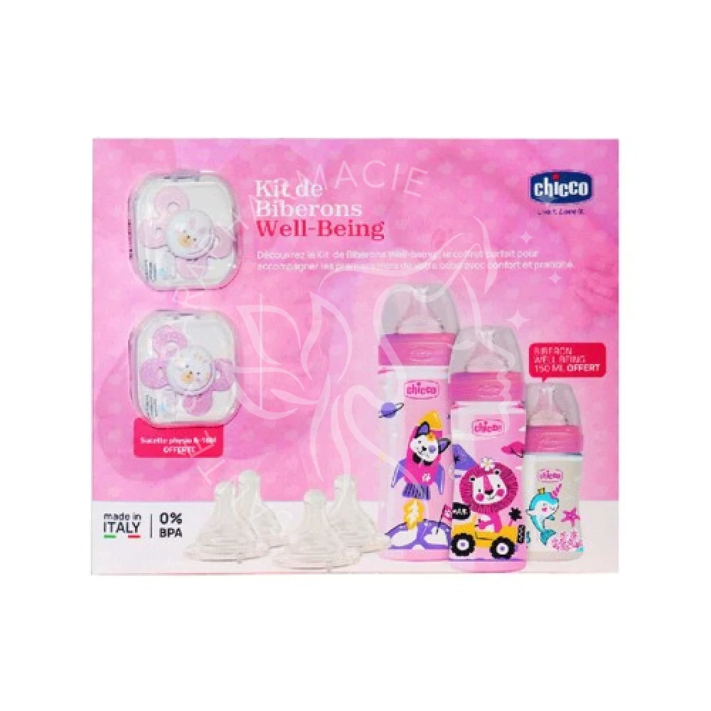 CHICCO COFFRET BIBERON WELL BEIG ROSE 7 ARTICLES