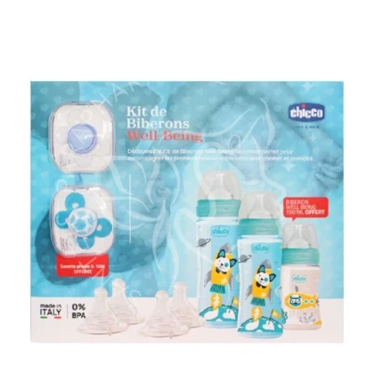 CHICCO COFFRET BIBERON WELL BEIG BLEU 7 ARTICLES